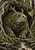 Shaggy antlered forest creature emerging from a root-framed hollow to face a luminous green moth above a fern-lined stream.