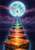A path of colored stone platforms crosses dark water toward a small arched doorway in front of a luminous turquoise moon.