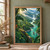 Winding turquoise river through dense rainforest toward a distant waterfall, framed by large leaves, with a small canoe carrying two people.; frame shown for styling only