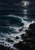 A large moonlit wave curls into white foam beside jagged dark rocks beneath clouds, with a small moon reflected on the water.