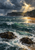 A rocky headland rises beyond choppy teal water as sunlight breaks through heavy clouds and lights the surf.