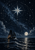 Small sailing vessel with an amber light crossing a reflective dark sea beneath an eight-point star, circular arcs and a low moon.