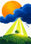 Golden-orange sun emerging behind a cobalt cloud, with chartreuse rays lighting a green hill and small tree as three raindrops fall.