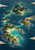 Angled aerial view of a fictional island chain in teal water, with forested shores, turquoise shallows, wave curls and a red-and-white lighthouse casting a golden beam.