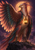 Eagle-like fantasy guardian with one wing spread and a glowing golden lantern hanging at its chest, standing on a stone ledge.