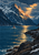 Small red fishing boat on a deep-blue fjord beneath snow-streaked mountains, with warm light on a ridge and gold reflections on the water.