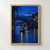 A lone boatman in a lantern-lit wooden skiff passes under a stone arch bridge, with riverside houses and amber reflections on blue water.; frame shown for styling only