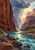 Turquoise river winding through a red-orange desert gorge beneath a storm cloud, rainfall, and a pale golden opening.