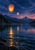 Three glowing amber lanterns above a deep-blue mountain lake, with pine-covered shores and golden reflections.