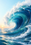 Large curling turquoise and blue wave with a white foamy crest and spray, pale sky and low horizon with a small warm glow.
