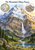 A tall snow-covered mountain with a glacier, layered rock, central waterfall, forested lake basin, and two circular geological illustrations.