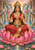 A richly adorned woman sits on a pink lotus holding lotus flowers, flanked by two elephants, fountains, and temple-like architecture.