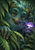 Teal-green furry forest troll with amber eyes peering through ferns beside a glowing violet mushroom.