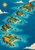 Bird's-eye illustrated tropical island chain with a small red sailing vessel on a dotted route toward a bright orange volcano.
