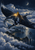 Large manta ray gliding above clouds and distant islands at night, carrying a small lantern-bearing rider beneath a crescent moon.
