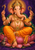 Seated elephant-headed Ganesha with multiple arms, a crown, sweets, a small mouse and a gold halo on a purple background.