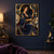 Seated adult woman in a patterned blue gown holding a golden thread above a small loom amid gold celestial motifs.; frame shown for styling only