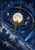 Luminous moon centered in an ornate brass orrery, with three colorful planets, elliptical rings, stars, and a diagonal comet against a deep blue sky.