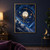 Luminous moon centered in an ornate brass orrery, with three colorful planets, elliptical rings, stars, and a diagonal comet against a deep blue sky.; frame shown for styling only