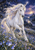White unicorn with a star-glinting horn and flowing mane among blue and lavender flowers beneath a moonlit twilight sky.