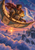 A traveler holding a glowing lantern rides a crescent-shaped flying craft above violet clouds, accompanied by a pale manta-like creature.