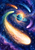 Five luminous comets with sweeping tails surround a small turquoise ringed planet against a blue-violet starry nebula.