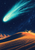 Turquoise comet sweeps across a starry indigo sky above an ochre dune and a small rover near the ridge.