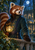 An anthropomorphic red panda in a dark teal coat holds a glowing lantern beside a carved stone balustrade in a moonlit greenhouse.