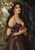 Woman in a purple gown holding an opened pomegranate between white blossoms and greenery on one side and a dark landscape with water on the other.