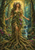 Flower- and vine-covered woman among tree roots, deer, a small animal, and a waterfall in a luminous forest.