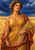 Woman in a gold-toned classical garment holding wheat in a golden field beneath a deep blue sky.
