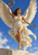 Winged woman in flowing white drapery raising a laurel wreath against a bright blue sky.