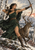 Archer in dark green drawing a bow beside a large antlered deer in a snowy mountain forest.
