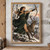 Archer in dark green drawing a bow beside a large antlered deer in a snowy mountain forest.; frame shown for styling only