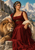 Seated woman in a red classical-style gown beside a lion, with pale drapery, a rocky ledge, lake, and mountains in the background.