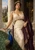 Crowned woman in an ivory gown and purple mantle beside a blue peacock in a classical setting.