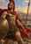 Bearded warrior in Roman-style armor with a crested helmet, spear, and shield before a city at sunset.