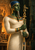 Green-skinned Ptah in a white garment and blue cap holds an ornate gold staff with an ankh before carved stonework.