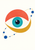 Stylized eye with a turquoise iris framed by coral and ochre curves and a path of cobalt dots on warm white.