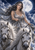 A silver-haired woman in a pale silver dress holds reins attached to two white horses beneath a full moon, with a crescent ornament and partial silver chariot.