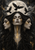 Three connected female faces with gold markings beneath three ravens and a large full moon on a dark background.