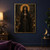 Crowned woman in black-and-gold robes holds a circular-topped staff in a candlelit stone interior.; frame shown for styling only