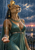Lioness-headed Tefnut in blue-green drapery and gold jewelry reaches into the rain before a sunset and palm-lined riverside city.