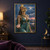 Lioness-headed Tefnut in blue-green drapery and gold jewelry reaches into the rain before a sunset and palm-lined riverside city.; frame shown for styling only