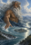 Silver-haired, bearded figure rising from blue water and reaching toward a winding river and green island, with mountains behind him.