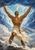 Full-length Shu in white drapery and a feathered headband raises both arms beneath a sweeping canopy of clouds.