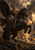 Armored winged woman with spear and shield riding a rearing black horse on a smoky battlefield.
