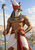 Falcon-headed figure in a red-and-white crown and broad collar holding a tall staff beside a river, boats, palms and distant buildings.