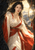 Dark-haired woman in a white robe with red trim emerging from a rocky opening beside a suspended oval mirror and bright clouds.