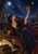 A woman in blue and burgundy garments raises a brass astrolabe beneath a domed, star-filled observatory sky.